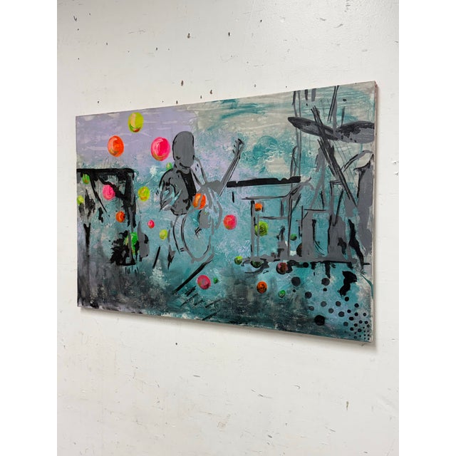 Design Plus Gallery presents an Unknown Art Piece Showcasing Jazz in a City Skyline. The painting offers tones of...