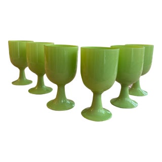French Portieux Vallerysthal Jade Green Opaline Glass Water or Wine Goblets Circa 1920-1940s For Sale