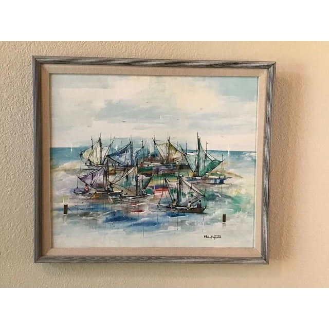 1980s Original Haitian Sailboats Oil Painting by Michel Valestin For Sale - Image 9 of 11