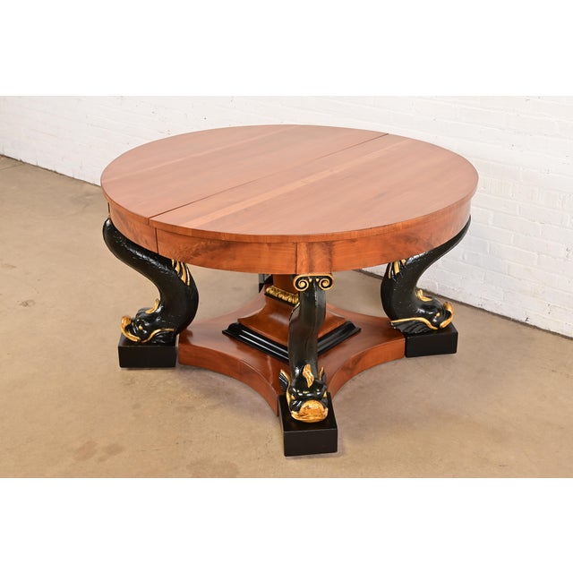 Neoclassical Antique Italian Regency Cherry and Burl Wood Parcel Ebonized Dolphin Base Monumental Extension Dining Table, Circa 1890s For Sale - Image 3 of 12