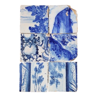 18th Century Antique Portuguese Blue & White Tiles With Floral Cartouche and Landscape Motifs Set of 6 For Sale