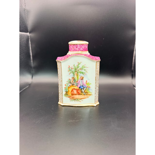 Dresden Porcelain Antique Dresden Porcelain Tea Caddy | Hand Painted Romantic Scene Gold Gilt Germany For Sale - Image 4 of 5