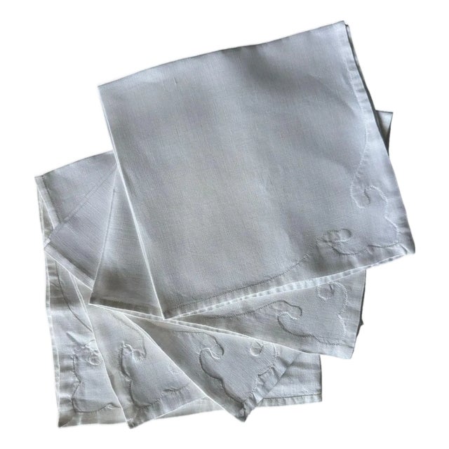 Vintage French Cotton Napkins, Set of 5, Hand Embroidered Corner Motif, Heirloom Trousseau Napkins, Soft White Napkins, Fine Table Linen For Sale