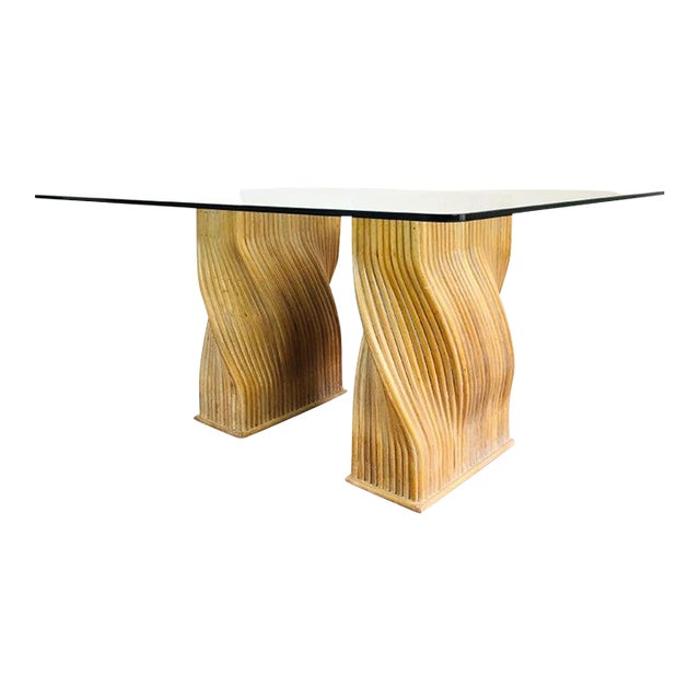 Vintage McGuire Twisted Rattan Double Pedestal Organic Modern Glass Top Dining Table For Sale