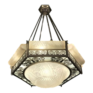 French Art Deco Hexagonal Chandelier by Schneider