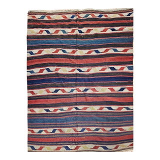 Vintage Caucasian Kilim Rug, Handwoven Wool, Geometric Stripes, Blue & Ivory, 6' x 8' For Sale