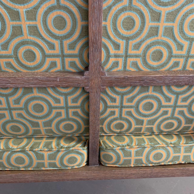 1970s Vintage Hollywood Regency Pickled Oak Upholstered Armchair For Sale - Image 10 of 11