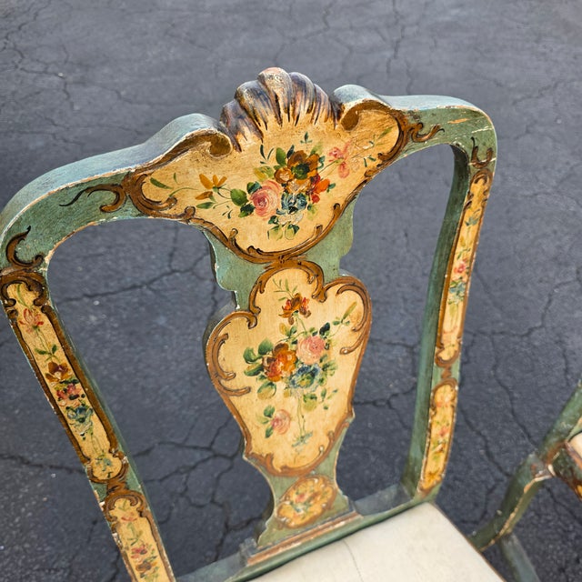 Antique Pair of Italian Venetian Rococo Revival Hand-Painted Polychrome and Parcel-Gilt Side Chairs With Floral Decoration, Circa 1920 For Sale - Image 13 of 13