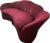 Cherry-red camelback curved banana sofa with tailored fringe skirt.
