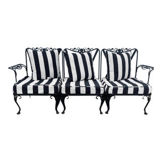 Vintage Woodard Outdoor Patio Sofa with Striped Cushions & Pillows For Sale