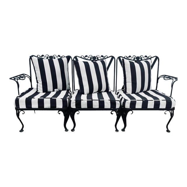 Vintage Woodard Outdoor Patio Sofa with Striped Cushions & Pillows For Sale