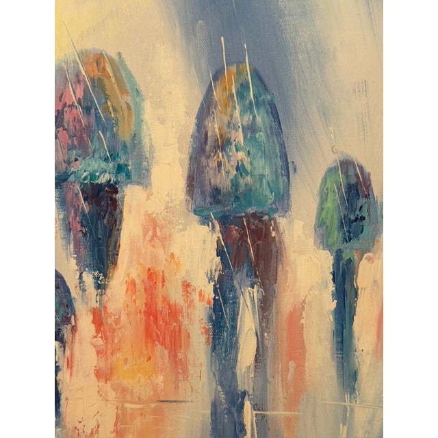 Impressionist Mid-Century Impressionist Rainy Cityscape by W. Amion – Heavy Slate Blue Frame For Sale - Image 3 of 15