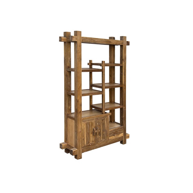 This is a striking, rustic wooden shelving unit, likely designed in a Chinese-inspired or traditional East Asian style....