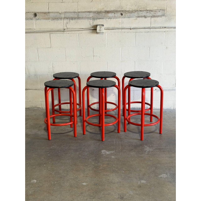 Red Set of 6 Red Plywood Bar Stools With Metal Frames Mid-Century Modern For Sale - Image 8 of 9