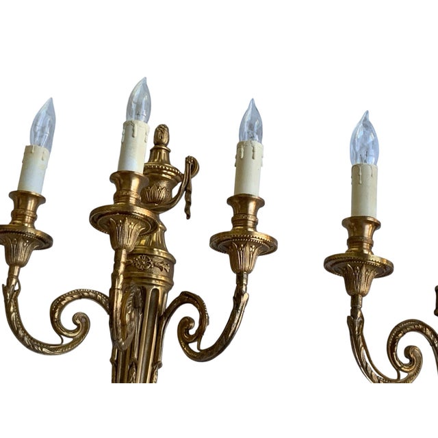 Pair of Antique Louis XVI Style Gilt Bronze 3-Light Sconces Made in France 1920s-1930s. Each is Approx. 20 1/2" High x 12"...