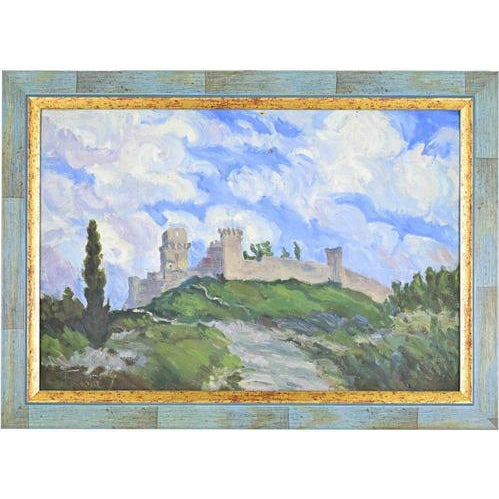 Fausta Settimj, Landscape with Castle, Mid-20th Century, Oil on Cardboard For Sale - Image 4 of 4