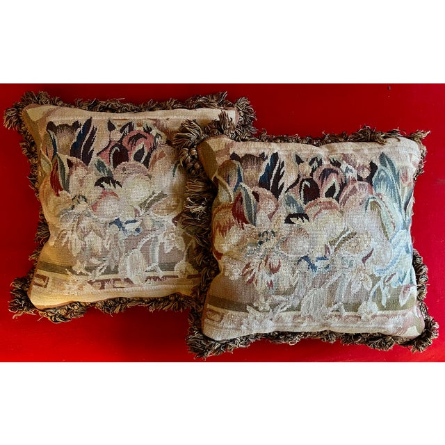 Antique 19th Century French Aubusson Tapestry Pillows With Passementerie Fringe Trim - A Pair For Sale - Image 4 of 12