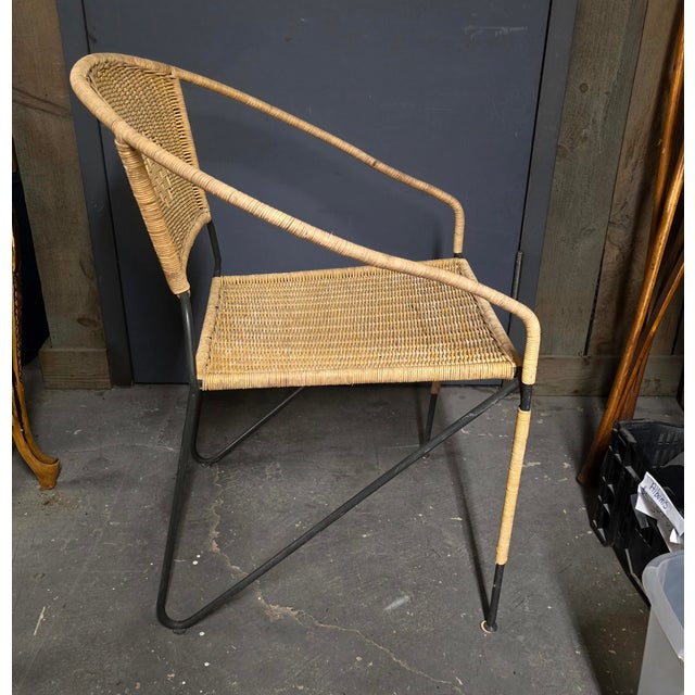 Beige Mid Century Modern Wrought Iron & Wicker Chairs a Pair For Sale - Image 8 of 10