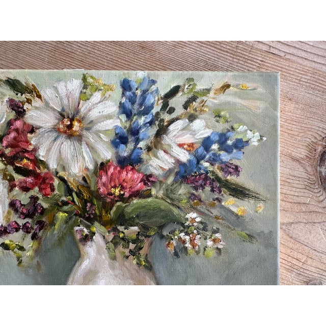 “Texas Table” Bluebonnets, Daisies and Peaches Still Life, Oil Painting, 12x16 Unframed. For Sale - Image 4 of 12