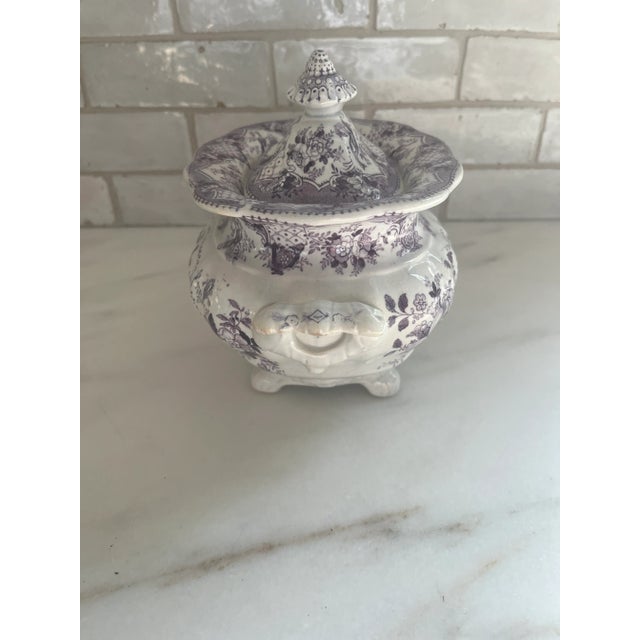 Antique Purple Plum Transferware Staffordshire Sugar Bowl “Juvenile Amusement” For Sale - Image 4 of 8