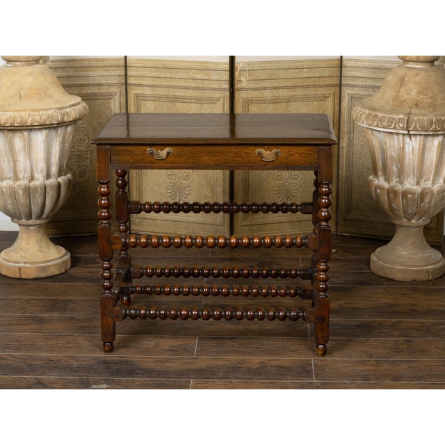 19th Century English 19th Century Oak Bobbin Leg Table with Single Drawer and Cross Stretcher For Sale - Image 5 of 12