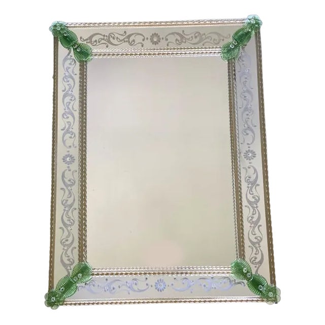Venetian Rectangular Green Floral Hand-Carved Mirror in Murano Glass by SimoEng For Sale