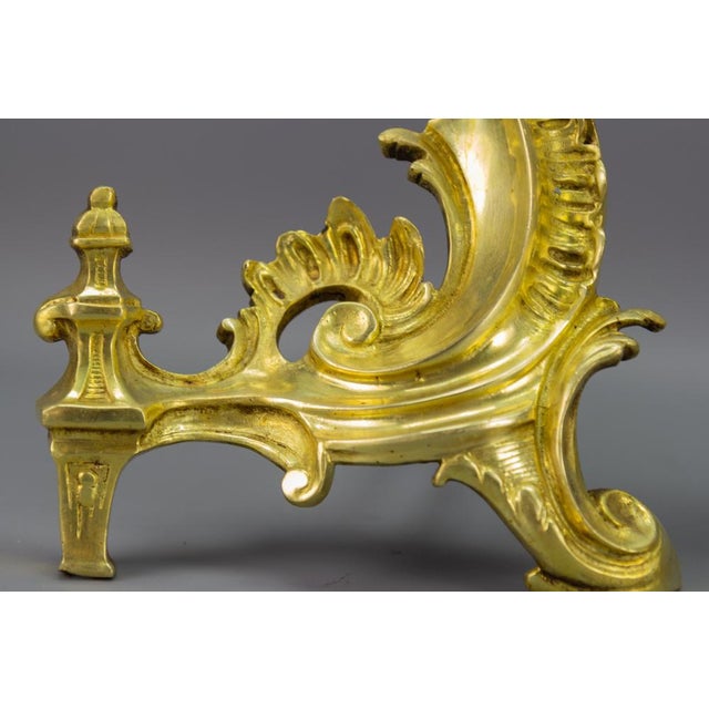 French Rococo Style Gilt Bronze and Iron Firedogs, 1890s, Set of 2 For Sale - Image 5 of 18