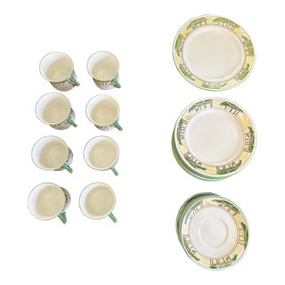 Early 20th Century Foley Art China "Tis Time for Tea" Art Deco Cup & Saucer Peacock Pottery Set- 23 Pieces For Sale