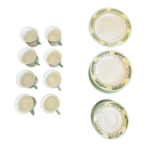 Early 20th Century Foley Art China "Tis Time for Tea" Art Deco Cup & Saucer Peacock Pottery Set- 23 Pieces