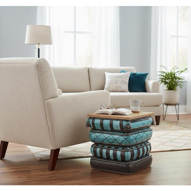 Turquoise Hand-Painted Italian Ceramic Cushion Stool For Sale - Image 8 of 8