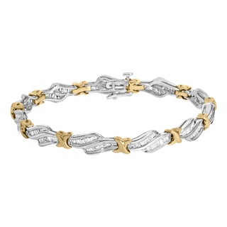 10k Two-Toned Gold 2.00 Cttw Channel Set Baguette-Diamond Weave and "X" Spiral Link Bracelet (H-I Color, I1-I2 Clarity) - 7" For Sale