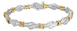 10k Two-Toned Gold 2.00 Cttw Channel Set Baguette-Diamond Weave and "X" Spiral Link Bracelet (H-I Color, I1-I2 Clarity) - 7"