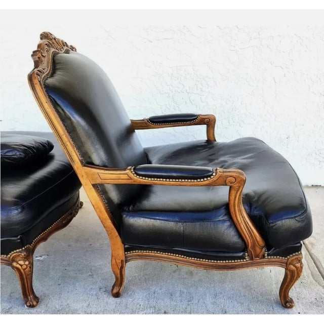 Chateau Dax French Provincial Black Top Grain Leather Lounge Chair & Ottoman For Sale In Miami - Image 6 of 10