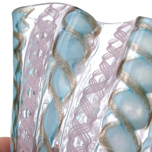 Glass Vintage Murano Blue Pink Copper Aventurine Flecks Zanfirico Ribbons Italian Art Glass Fazzoletto Vase For Sale - Image 7 of 8