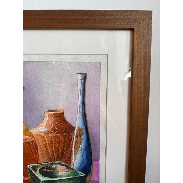 Signed watercolor still life of glass vessel art in walnut frame
