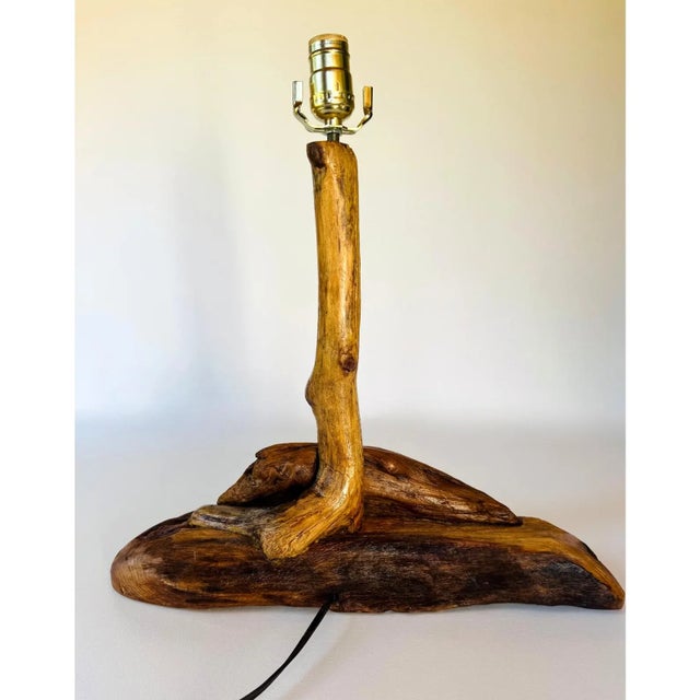 1960s Handcrafted Driftwood Table Lamp With Large Drum Shade For Sale - Image 4 of 16