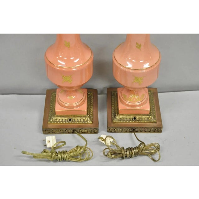 Antique French Victorian Paris Porcelain Coral Figural Painted Table Lamps, Pair For Sale - Image 10 of 14