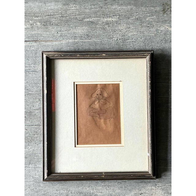 Vintage Portrait Drawing in Frame For Sale - Image 4 of 13