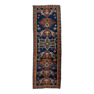 1920s Allover Designed Antique Heriz Wool Runner in Navy Blue For Sale