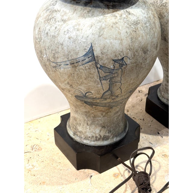 Pair of Deft-Style Chinoiserie Urn Lamps with Banner-Bearer Decoration For Sale - Image 16 of 18