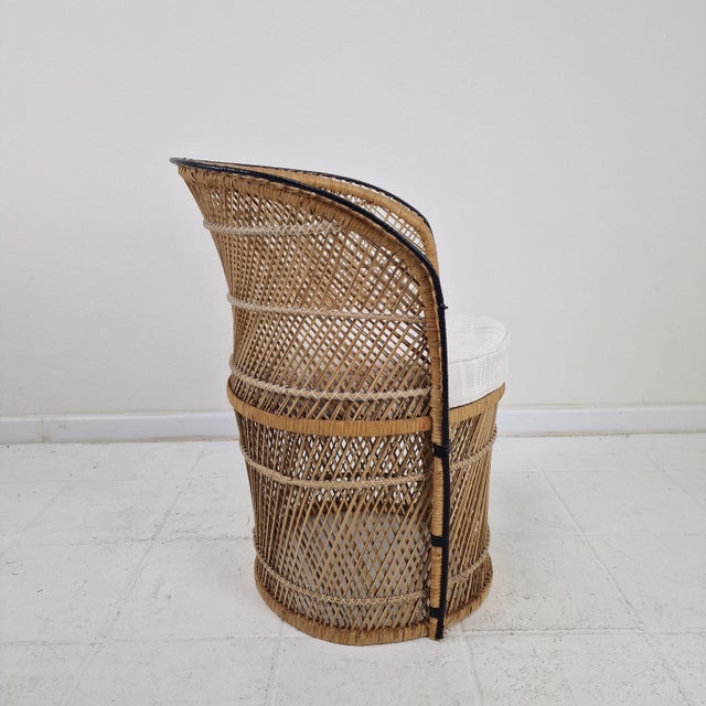 Wood Mid-Century Boho Chic Rattan Barrel Chair with Outdoor Cushion, 1970s For Sale - Image 7 of 12