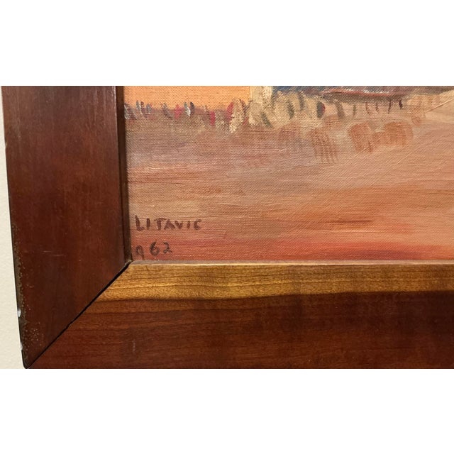 Vintage Framed Oil Painting on Artist Board of rural farm landscape featuring a red barn