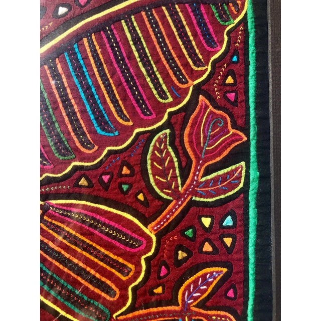 Folk Art Mola Bird and Flower Embroidered Textile Art in Gold Frame For Sale - Image 4 of 11