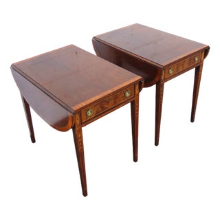 Wellington Hall Mahogany Inlay Drop Leaf Mahogany Side End Tables a Pair 6567 For Sale