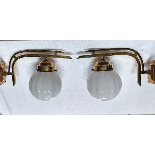 Art Deco 1940s Pair Vintage Art Deco Light Old Lamp Wall Sconces Fixture Brass & Ribbed Milk Glass Shade Ship Light For Sale - Image 3 of 5