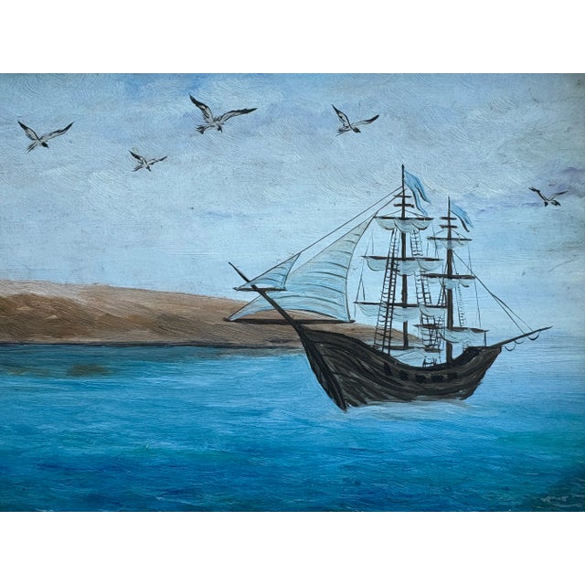 Charming, naive rustic European painting on hard board. Smooth to the touch with slight texture. Stand-out blues. Newly-...