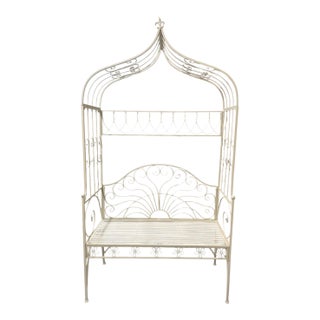 Vintage-Style French Country White Wrought Iron Garden Canopy Bench For Sale