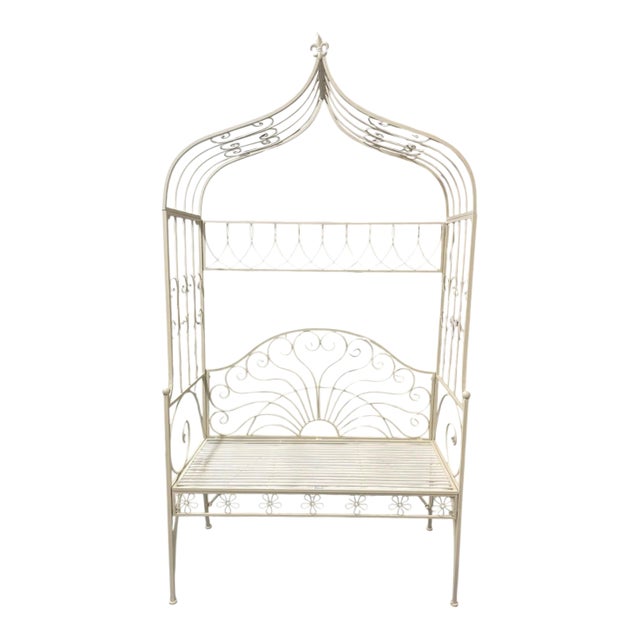 Vintage-Style French Country White Wrought Iron Garden Canopy Bench For Sale