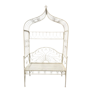 Vintage-Style French Country White Wrought Iron Garden Canopy Bench