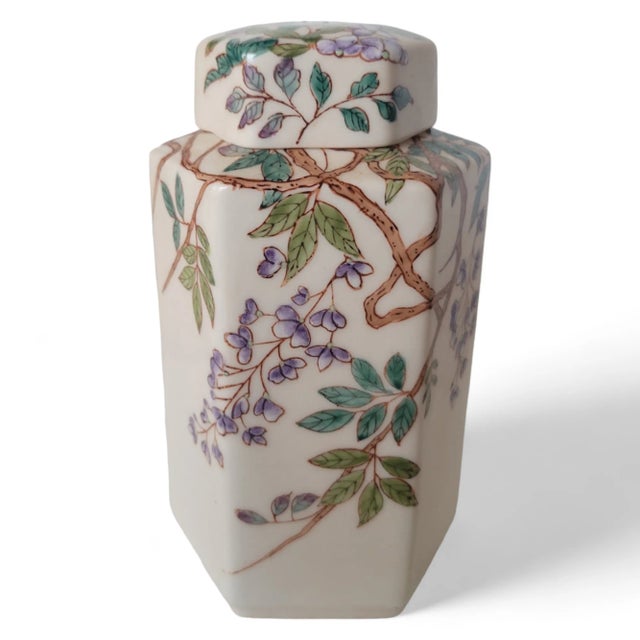 Asian Style Mid Century Hand Painted Set of Three - Vase and Two Cannisters in the Style of Andrea by Sadek For Sale - Image 4 of 11